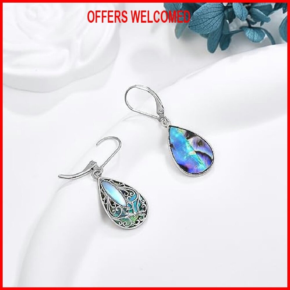 Sterling Silver Teardrop Abalone Shell Drop Dangle Earrings Leverback - Picture 5 of 8
